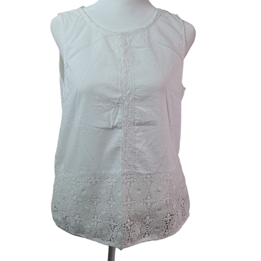Chic‎ By Jacob Womens White Lace Hem Sleeveless Blouse Cotton Modal Top Large
